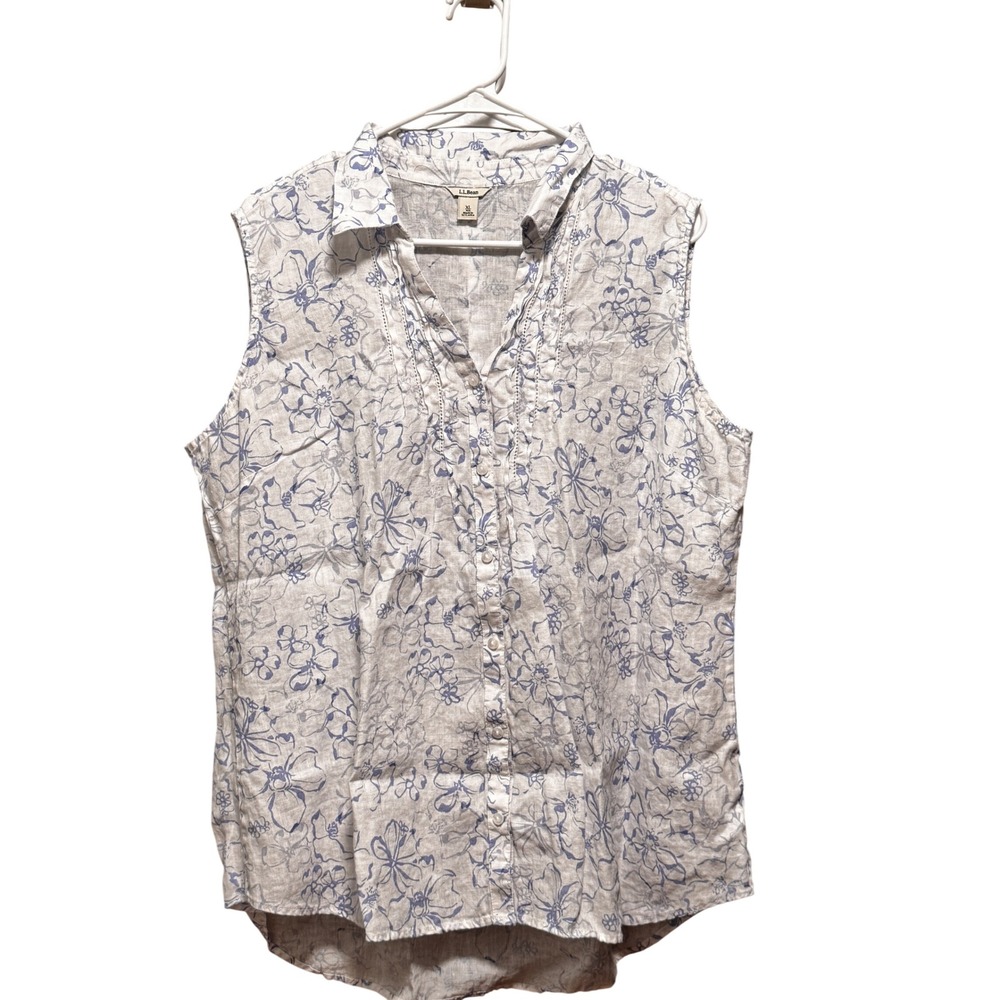LL Bean Womens XL Blue White Floral 100% Linen Sleeveless Button Down Blouse